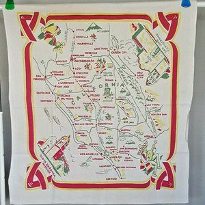 Vintage CALIFORNIA STATE TABLECLOTH Souvenir 33" x 37" White Cotton MID CENTURY